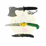 Kit outdoor survival bison 3 piezas hacha, cuchillo y navaja